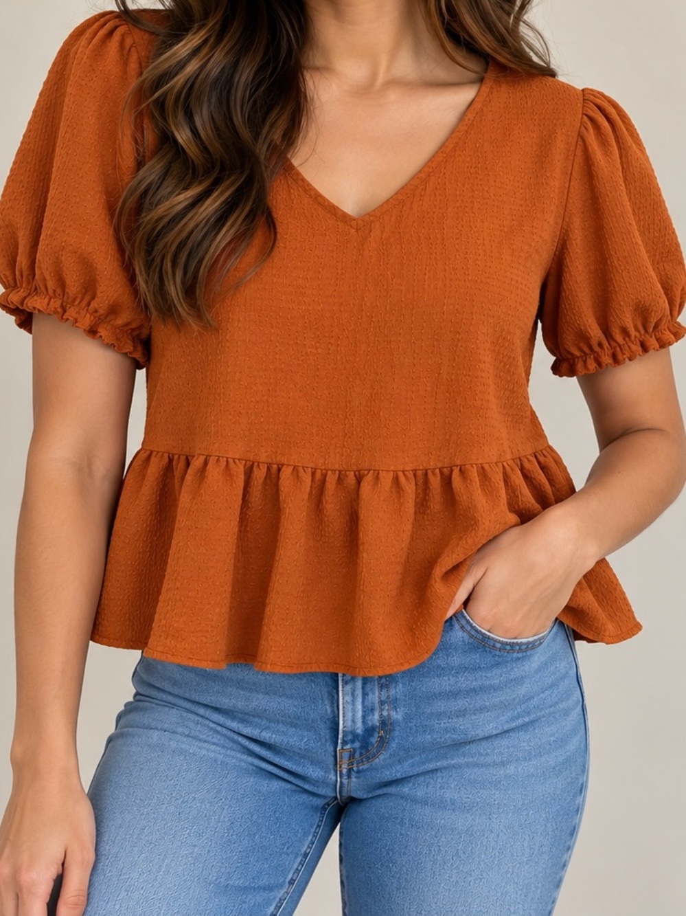 Nine West Burnt Orange V-Neck Peplum Blouse with Puff Sleeves